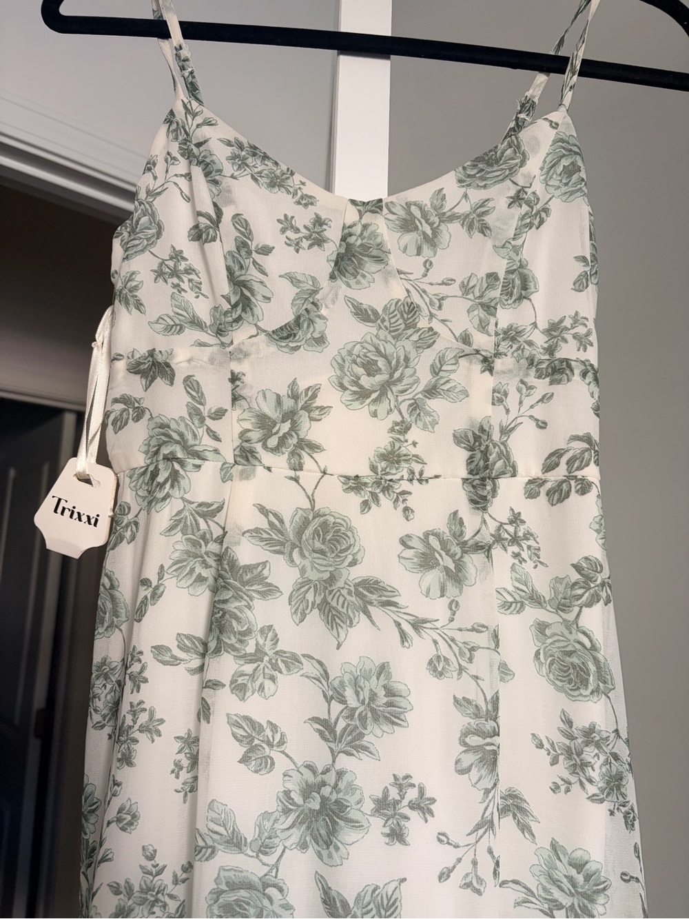 Trixxi White Midi Slip Dress with Sage Floral Print